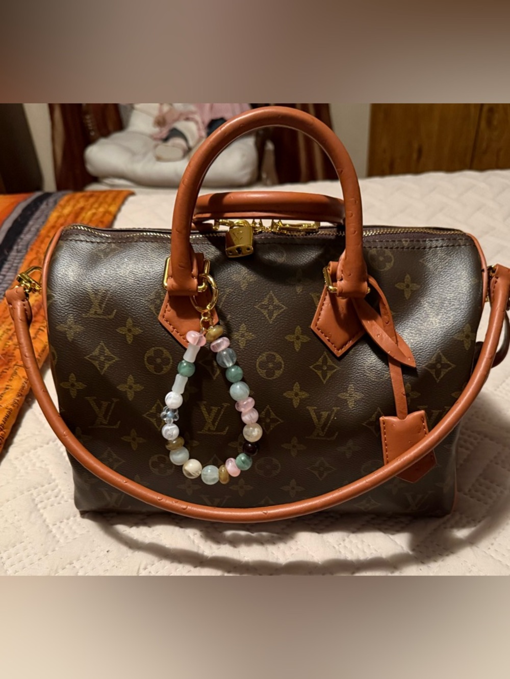 Beautiful Monogram Speedy Satchel in Brown with Ostrich Trim